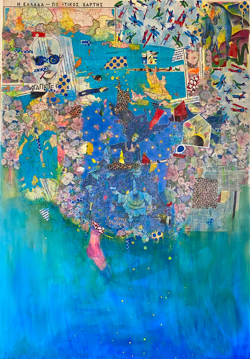 Postmodern Mythology, 150x220cm, painting and collage on canvas, 2023