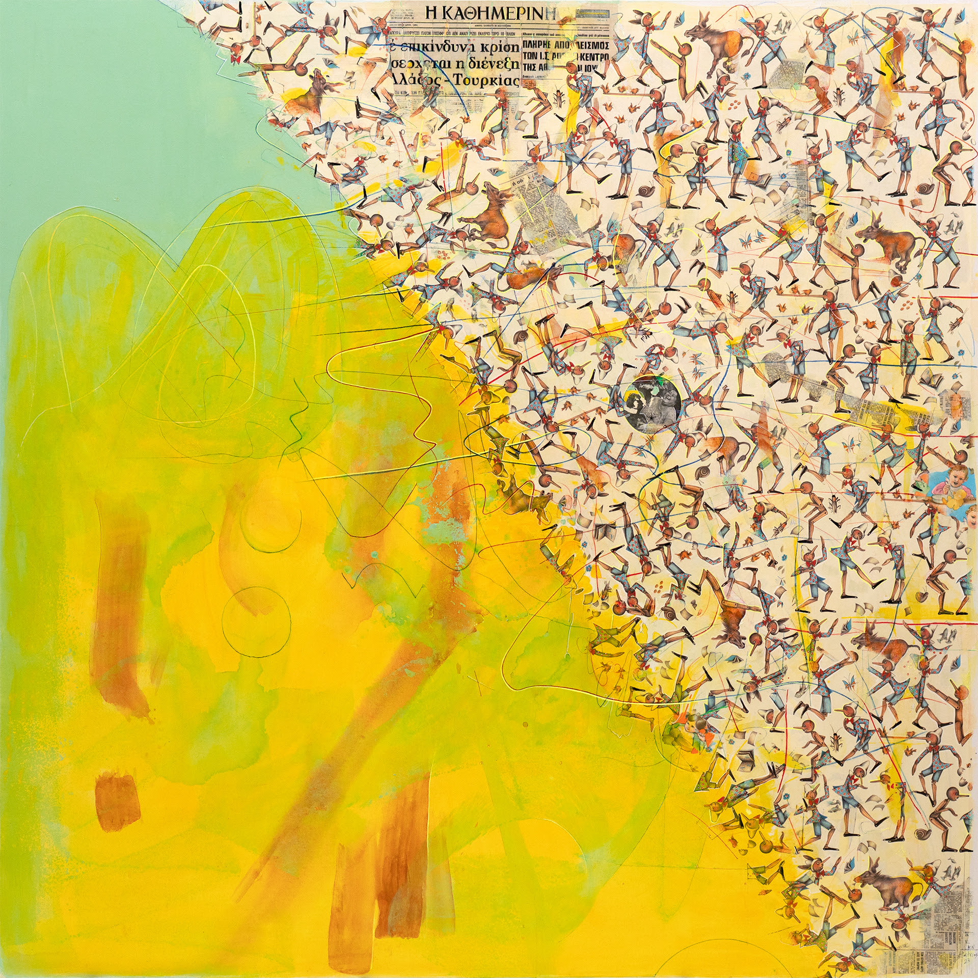 La Guerre Des Boutons, 150x150cm, Painting and collage on canvas, 2023