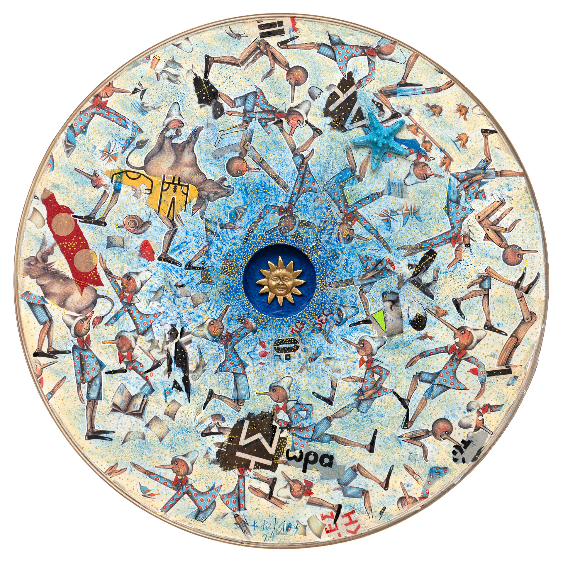 The year of the Monkey, diameter 52cm, Painting and collage on wooden drum, 2024